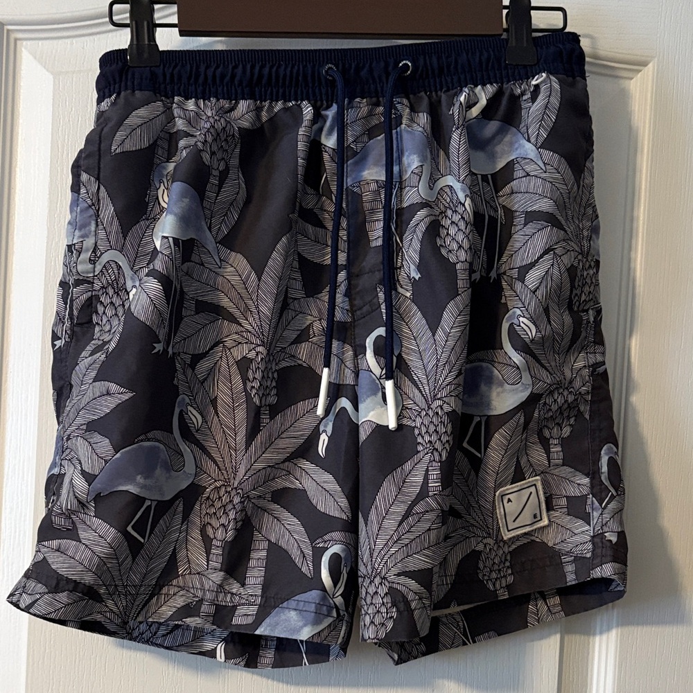 American Eagle Outfitters Navy Flamingo Leaf Swim Trunks